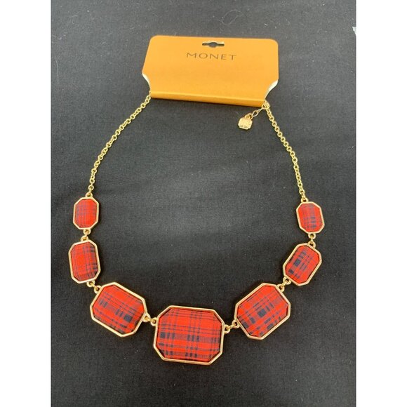 Monet Fashion Necklace and Post Earrings Red Tartan Plaid Color Tower - Picture 3 of 7